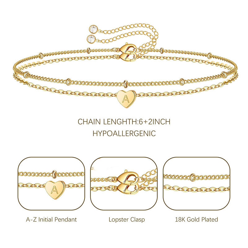 Bracciale Hongde Golden Heart placcato oro 18 carati lettera A-Z Bracciale iniziale con bracciale a forma di cuore