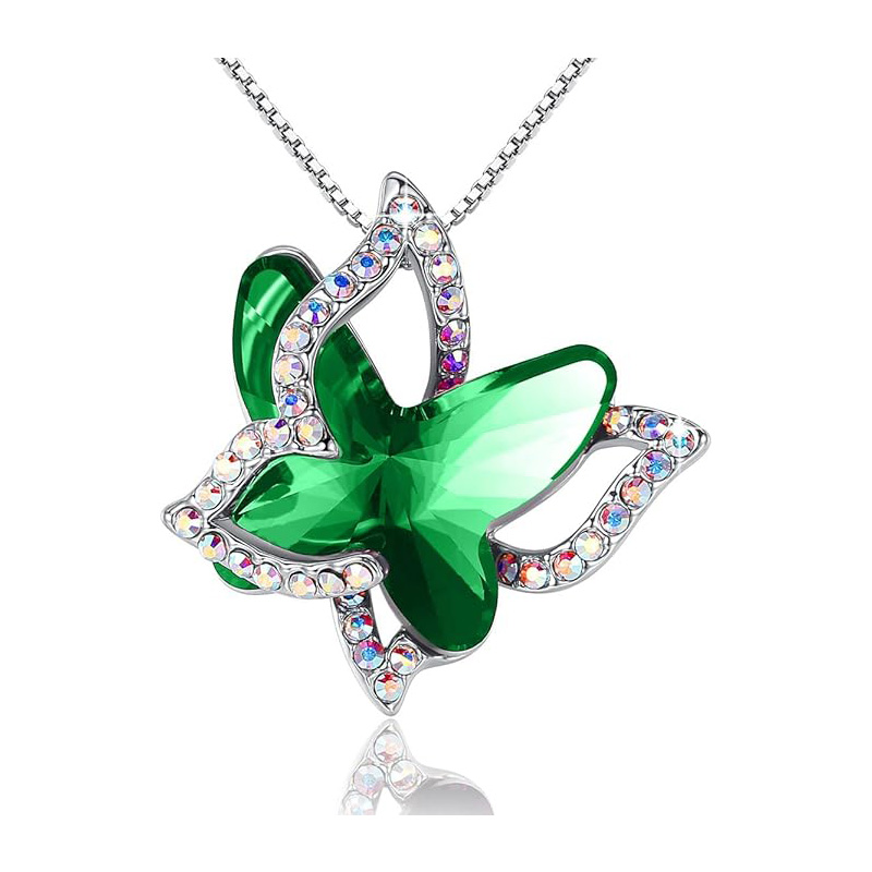 Collana in cristallo con pietra portafortuna a forma di farfalla con pendente a forma di stella di splendore smeraldo - Tono argento con 18\